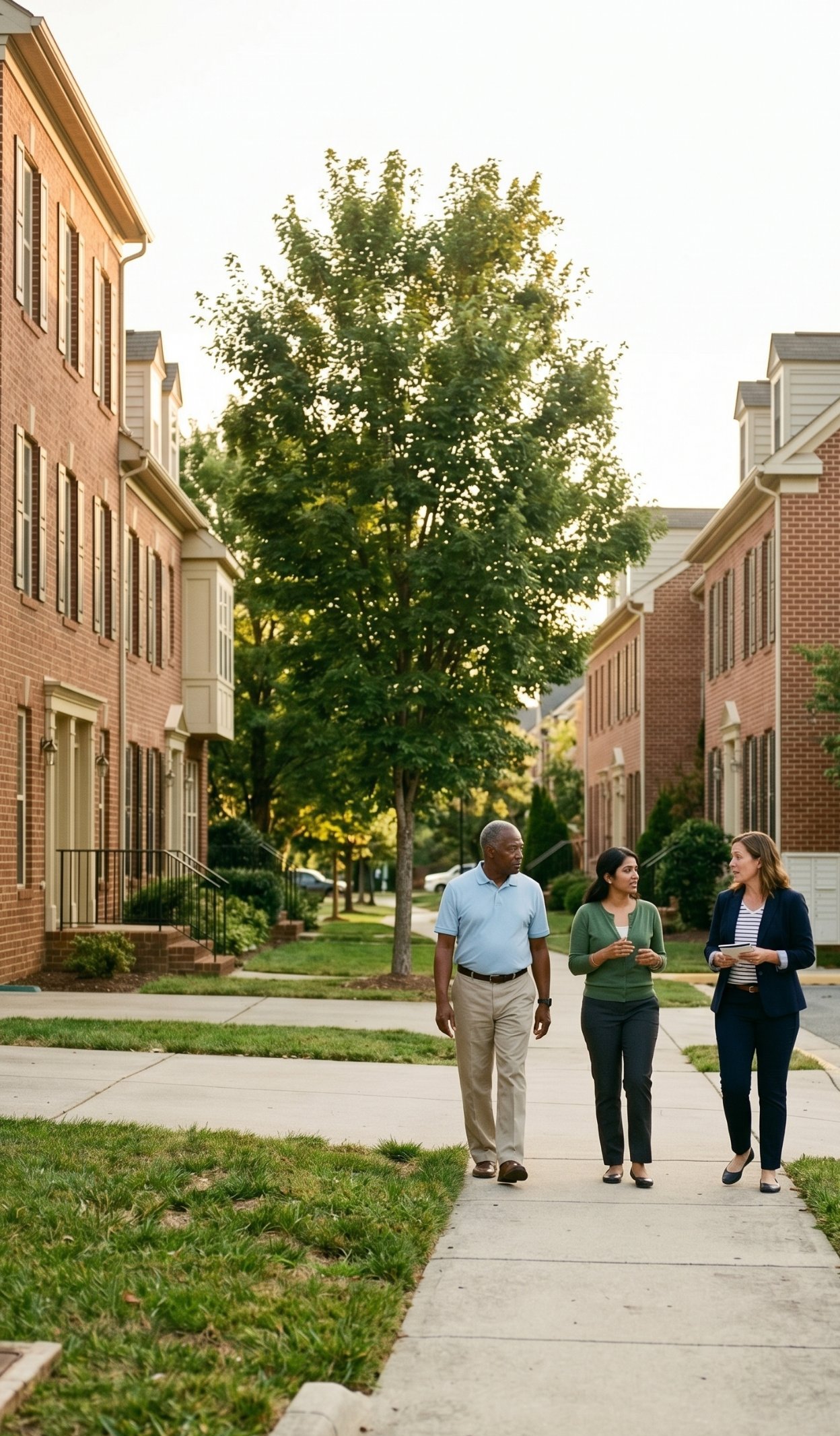 A Landmarc community manager walking and talking with two residents along a tree-lined sidewalk in a Central Virginia townhome community at golden hour.